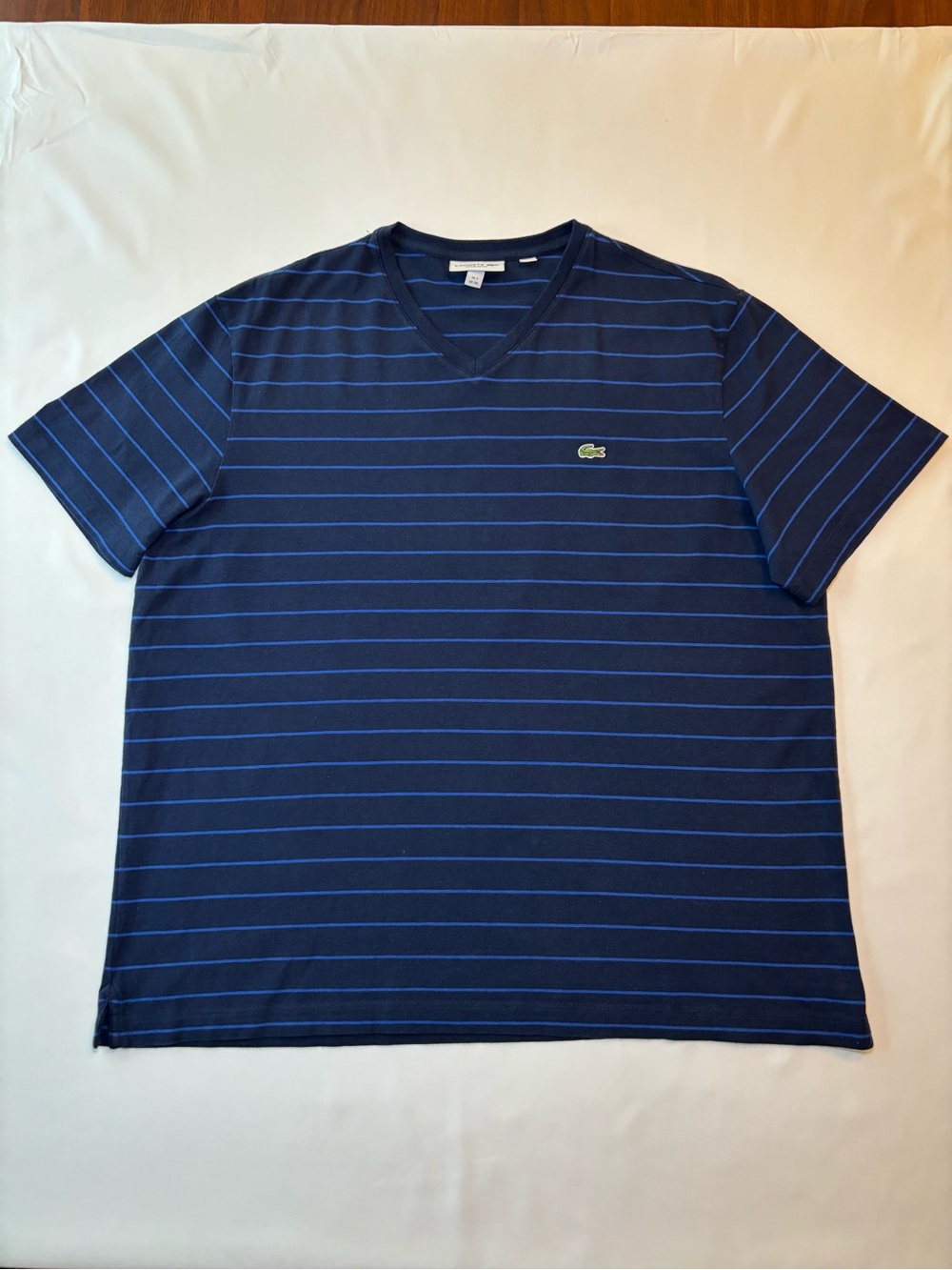 Lacoste Men's Navy and Light Blue Striped V-Neck Tee